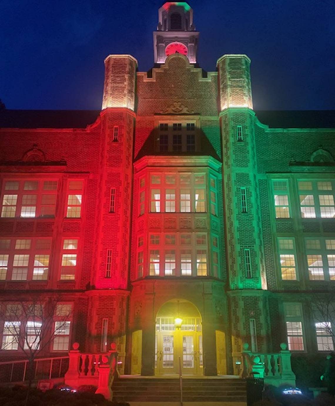 Heights High School is lit in red and green this week in honor of brothers and Heights alumni Travis Kelce of the Kansas City Chiefs and Jason Kelce of the Philadelphia Eagles, the first two brothers to face off in a Super Bowl.