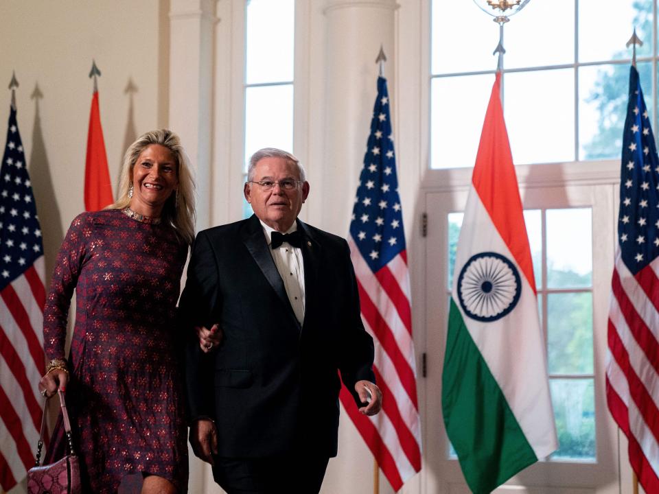 Bob Menendez and Nadine Arslanian arrive for the State Dinner in honor of Indian Prime Minister Narendra Modi.