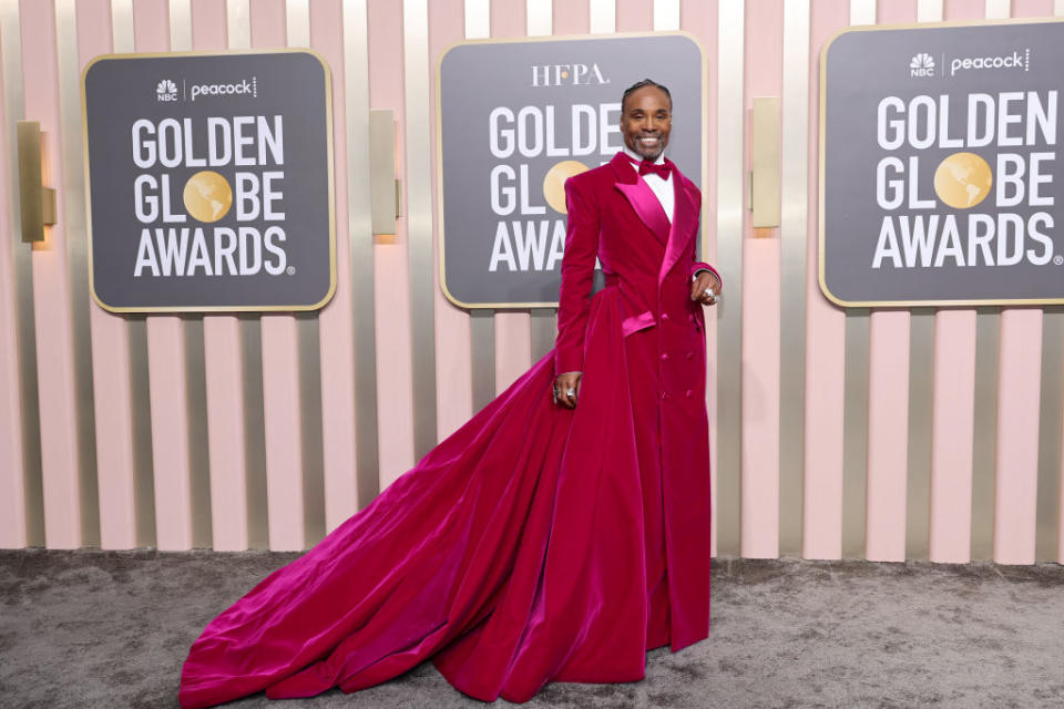 Billy Porter, Christian Siriano, golden globes, 2020, red carpet, pink tuxedo dress, tuxedo dress, 