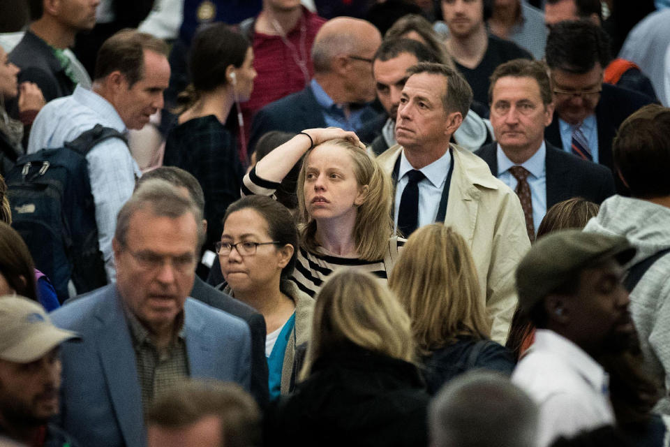 <p>Passengers make their way toward New Jersey Transit train platforms during rush hour at Penn Station, September 29, 2016 in New York City. (Drew Angerer/Getty Images) </p>