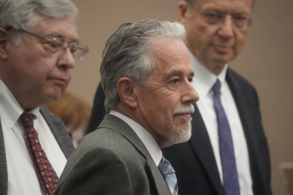 Terry Sanderson, center, the Utah man suing Gwyneth Paltrow, appears in court during her testimony, Friday, March 24, 2023, in Park City, Utah. He accuses her of crashing into him on a beginner run at Deer Valley Resort, leaving him with brain damage and four broken ribs. (AP Photo/Rick Bowmer, Pool)
