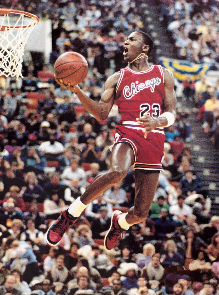 Michael Jordan's red and black sneakers at the 1985 Slam Dunk Contest.