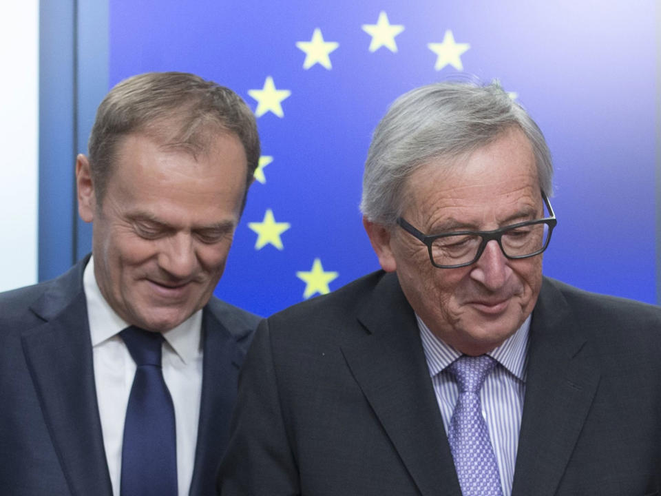 EU Commission President Jean-Claude Juncker (R) and European Council President Donald Tusk, speaking in Brussels, announce an EU Summit on Brexit will take place on 29 April: EPA