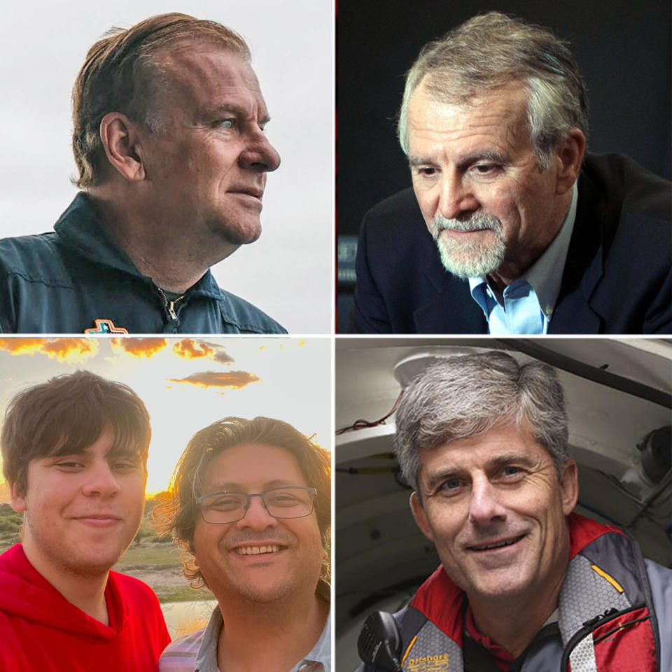 Top row: Hamish Harding, Paul Henry Nargeolet. Bottom row: Suleman and Shahzada Dawood and Stockton Rush. (Dirty Dozen Productions; AFP via Getty Images; via LinkedIn; courtesy of the Dawood family)