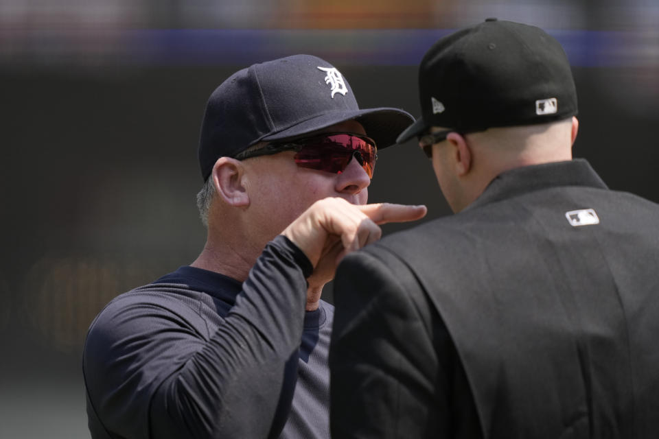 Detroit Tigers manager A.J. Hinch talks to home plate umpire Nic Lentz after being ejected during the fourth inning of a baseball game against the Pittsburgh Pirates, Wednesday, May 17, 2023, in Detroit. (AP Photo/Carlos Osorio)