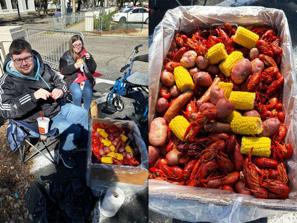 matt's family eating crawfish (left), photo of crawfish tub (right)