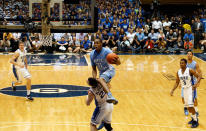 DURHAM, NC - MARCH 03: John Henson #31 of the North Carolina Tar Heels jumps over Miles Plumlee #21 of the Duke Blue Devils as he drives to the basket during their game at Cameron Indoor Stadium on March 3, 2012 in Durham, North Carolina. (Photo by Streeter Lecka/Getty Images)