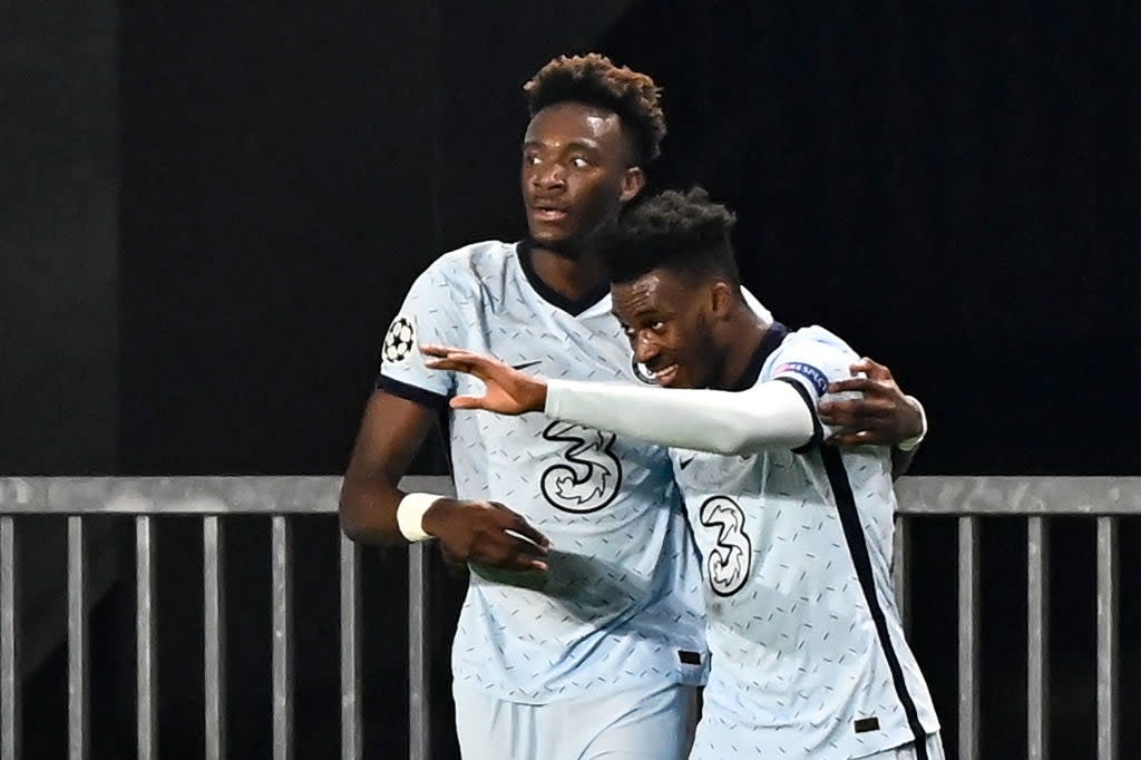 Callum Hudson-Odoi celebrates with Tammy Abraham for Chelsea (AFP via Getty Images)