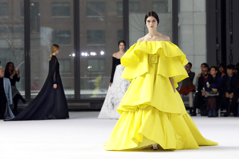 The Carolina Herrera collection is modeled during Fashion Week in New York, Monday, Feb. 10, 2020. (AP Photo/Richard Drew)