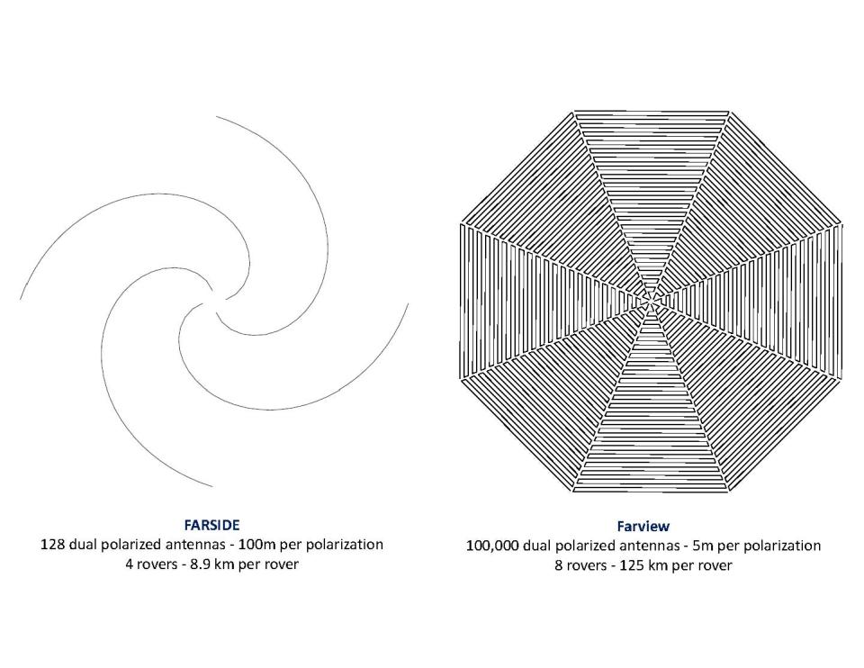 two blueprints for designs of lunar radio antenna arrays one a four-armed spiral and one a giant octagon made of small rows