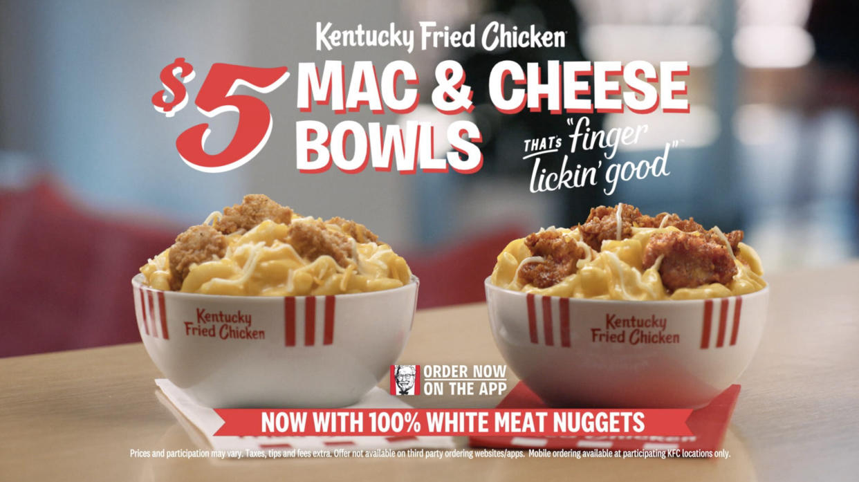  $5 KFC Mac & Cheese Bowls are back starting April 3, with new KFC
Nuggets and KFC's cheddar mac & cheese — all topped with a three-cheese blend . (KFC)