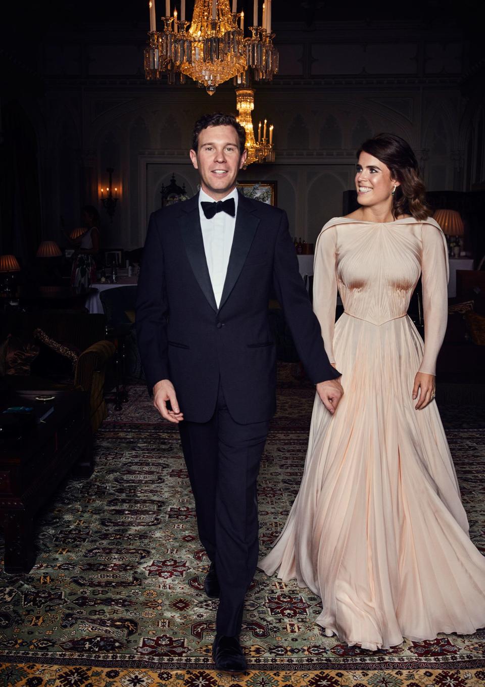 Eugenie and Jack were all smiles into the evening, when they changed outfits for their reception.