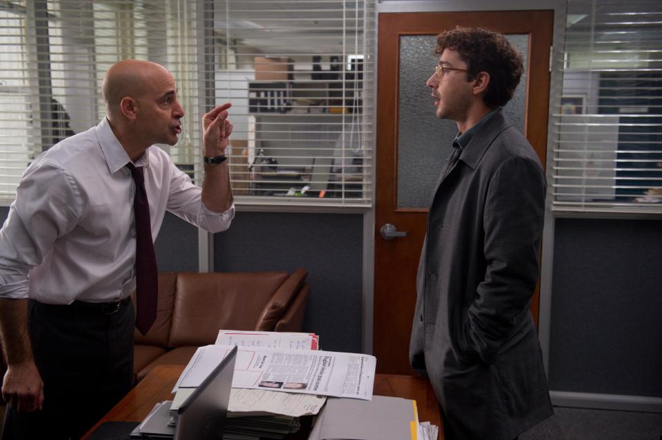 This film image released by Sony Pictures Classics shows Stanley Tucci, left, and Shia LaBeouf in a scene from "The Company You Keep." (AP Photo/Sony Pictures Classics, Doane Gregory)