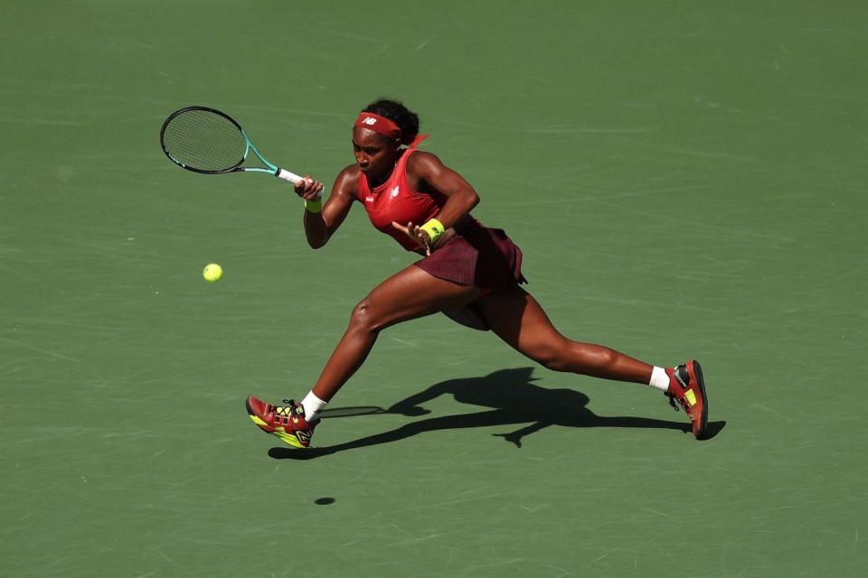 PHOTO: Coco Gauff hits a forehand during her quarterfinal match against Jelena Ostapenko of Latvia at the U.S. Open in New York City, Sept. 5, 2023. (Mike Stobe/Getty Images)