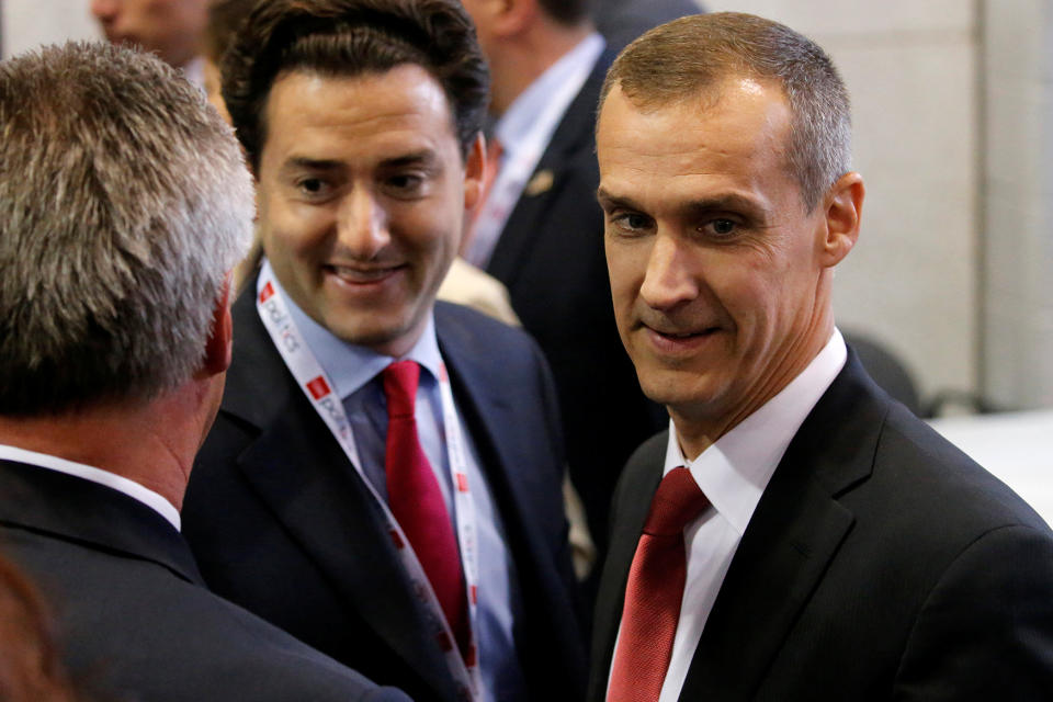 Corey Lewandowski, right, former campaign manager for Republican U.S. presidential nominee Donald Trump, arrives in the spin room after Trump and Democratic U.S. presidential nominee Hillary Clinton had their third and final 2016 presidential campaign debate at UNLV in Las Vegas, Oct. 19, 2016. (Photo: Jonathan Ernst/Reuters)