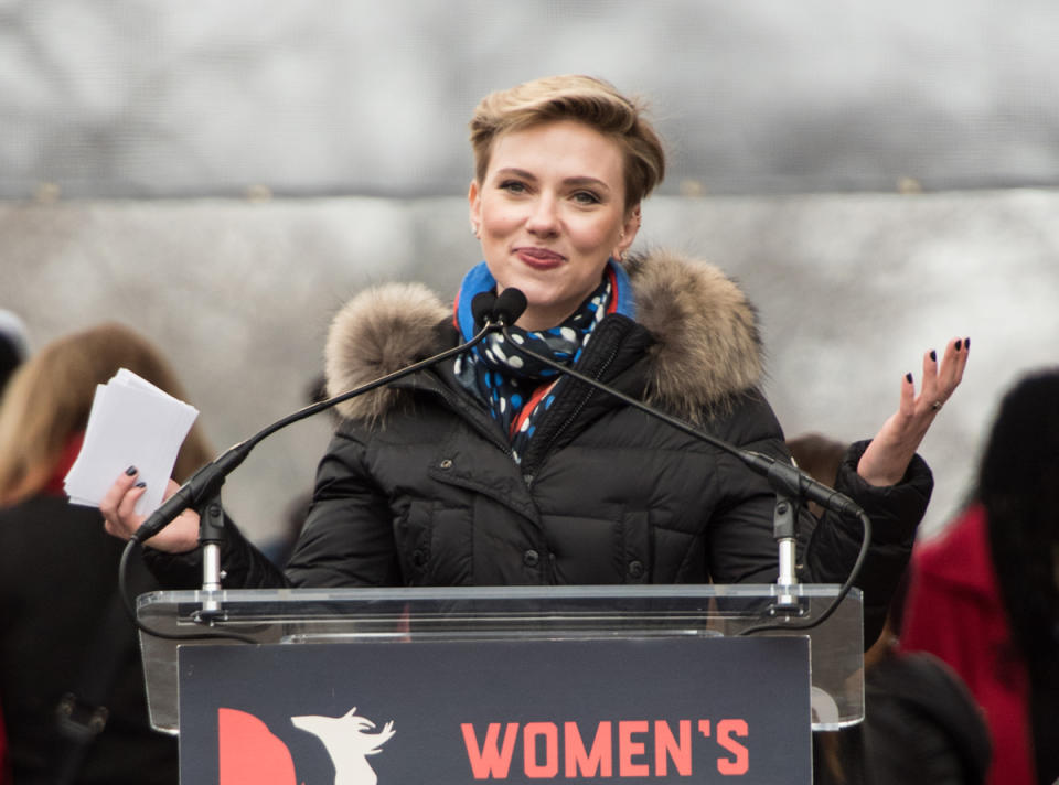 Scarlett Johansson delivers a speech at the Women's March on Washington on January 21, 2017 in Washington, DC. (Photo: Getty Images)