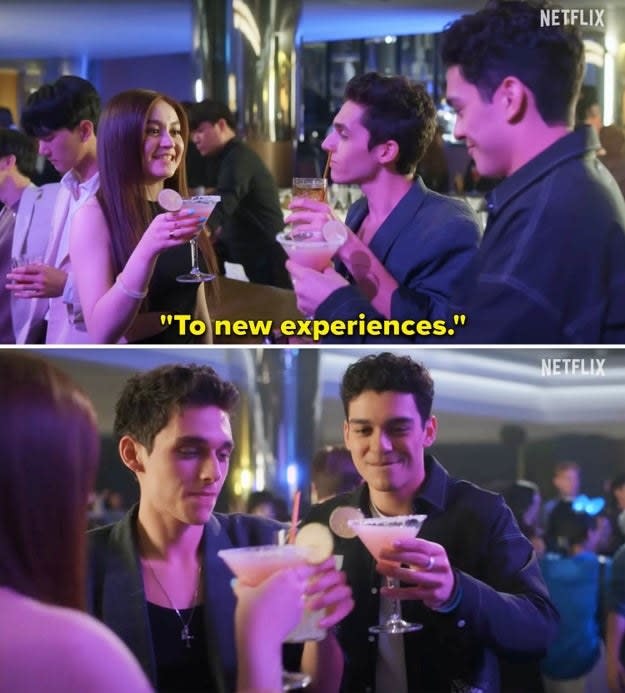 A scene where three characters are making a toast "To new experiences"