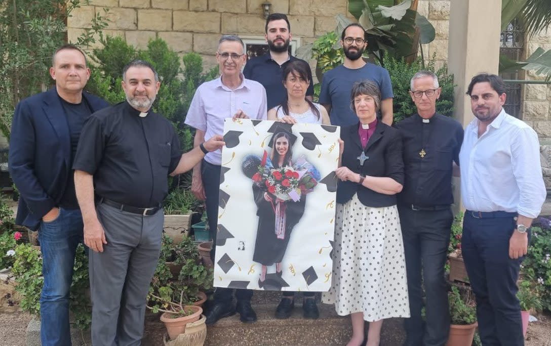 Bishop Rachel Treweek in Ramallah with the family of Layan Nasir, who has been detained without charge in Israel since April