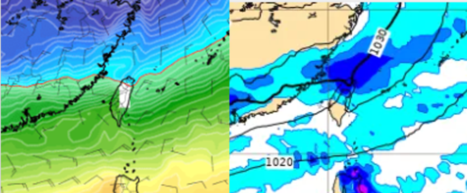 歐洲模式模擬23日8時850百帕圖顯示（左圖），平地最低氣溫可降至6度以下；模擬23日8時地面氣壓及降水圖顯示（右圖），北部、東半部及中部山區有局部雨。（翻攝自「三立準氣象.老大洩天機」）