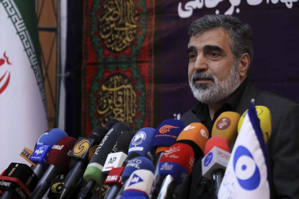 In this photo released by the Atomic Energy Organization of Iran, spokesman of the organization Behrouz Kamalvandi speaks in a news briefing in Tehran, Iran, Saturday, Sept. 7, 2019. Iran has begun injecting uranium gas into advanced centrifuges in violation of its 2015 nuclear deal with world powers, Kamalvandi said. (Atomic Energy Organization of Iran via AP)