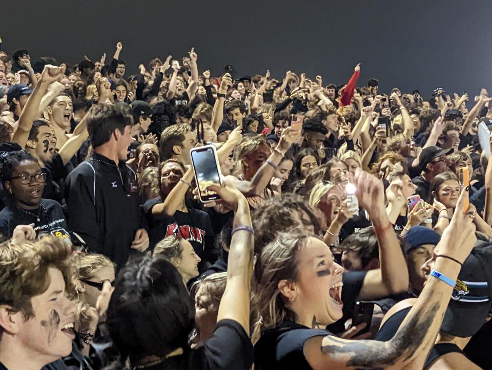 Bishop Kenny fans react as the clock hits zero to conclude the Crusaders' 14-13 victory over Bolles in a high school football game on October 28, 2022. [Clayton Freeman/Florida Times-Union]