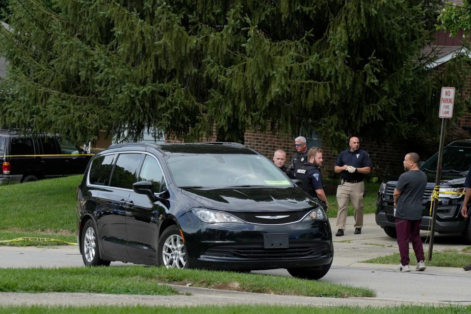 A Hamilton County Coronor vehicle leaves the scene after a 7-year-old boy died in an accidental shooting in the 9700 block of Arvin Avenue on Tuesday, July 16, 2024. A recording of a 911 call reporting the incident indicates the boy got ahold of a gun and accidentally shot himself.