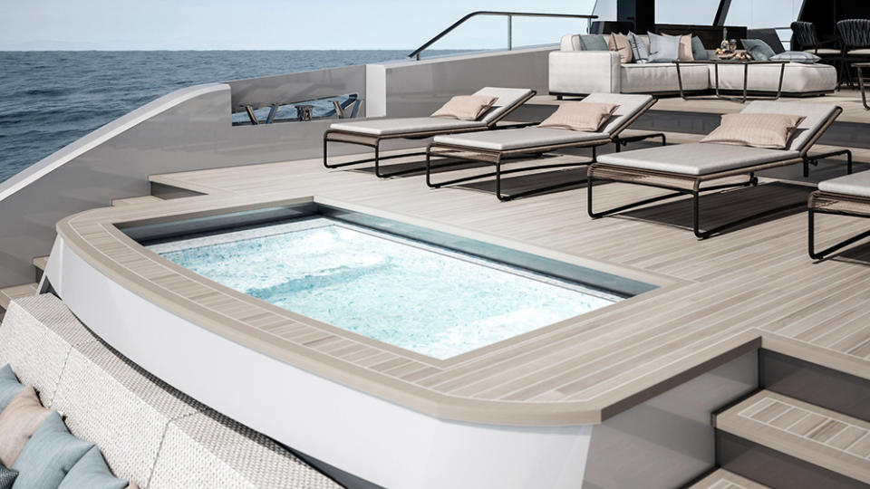 The plunge pool aft doubles as a dancefloor when covered. - Credit: Alpha Custom Yachts