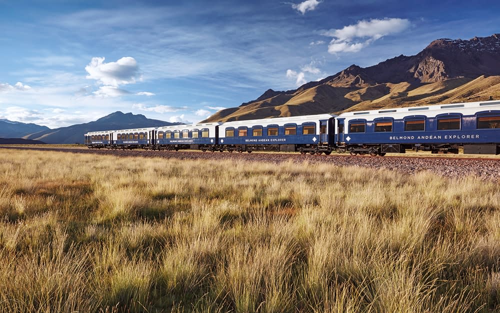 The Belmond Andean Explorer, a plush sleeper train running through the high-altitude landscape that stretches from Arequipa to Cusco - Copyright © Richard James Taylor.