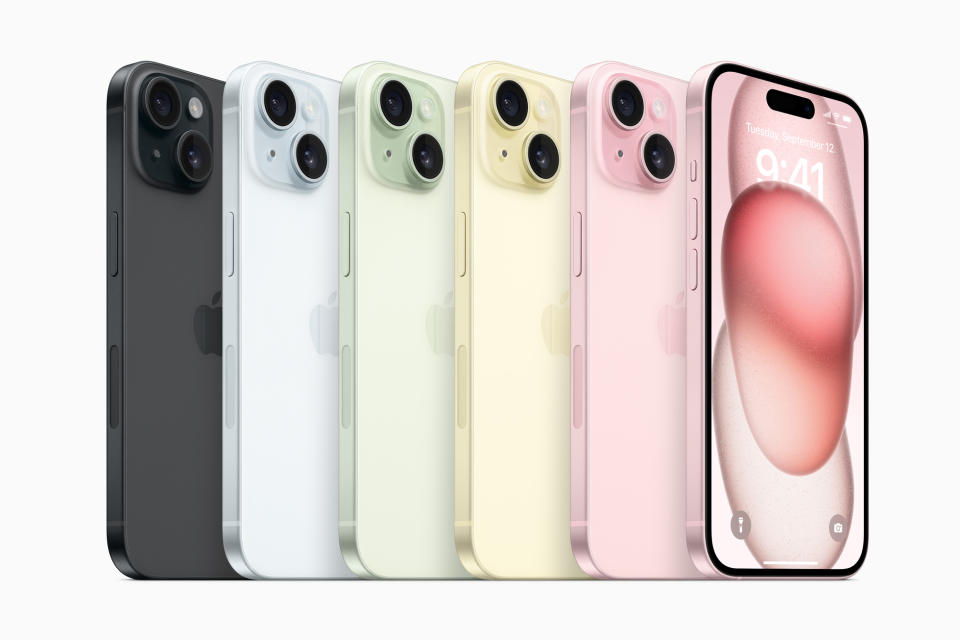 iPhone 15 and iPhone 15 Plus will be available in five new colors: black, blue, green, yellow, and pink. (Apple)