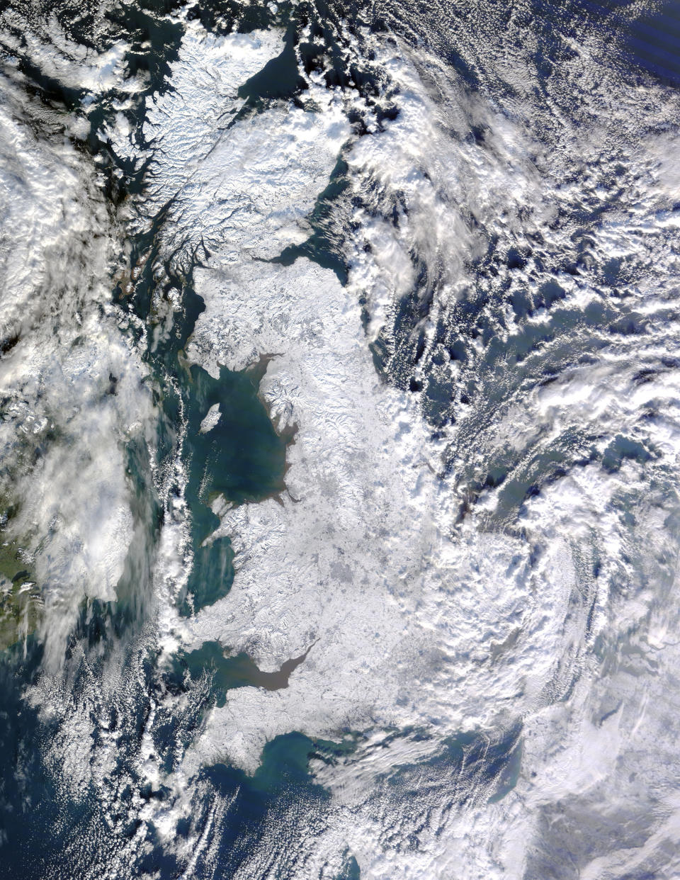 Snow blanketed Great Britain on January 7, 2010 captured by NASA's Moderate Resolution Imaging Spectroradiometer. (PA)