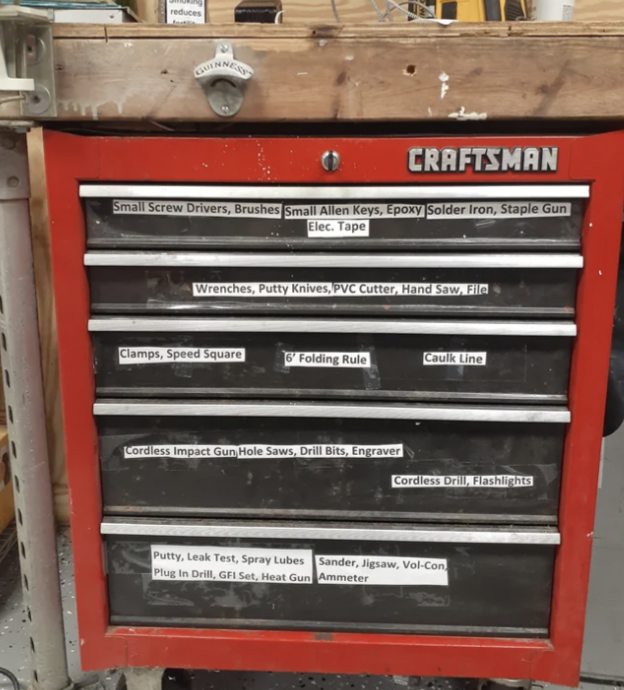 Vintage Craftsman tool chest with labels added on the drawers