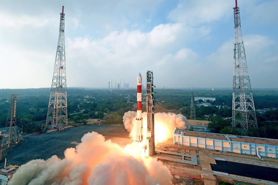 A Polar Satellite Launch Vehicle launches the Cartosat-2F Earth observing satellite and 30 other smaller payloads into orbit from the Satish Dhawan Space Centre in Sriharikota for the Indian Space Research Organisation. Liftoff occurred on Jan. 12, 2018 local time. <cite>Indian Space Research Organisation</cite>