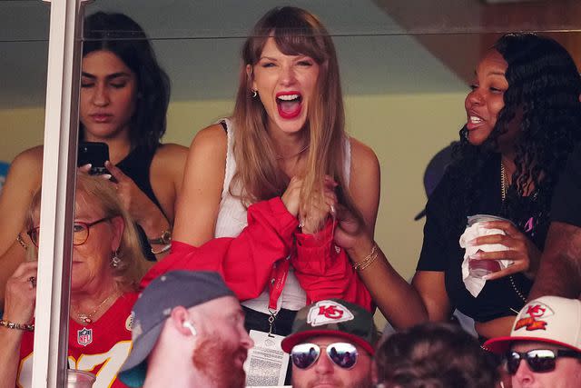 <p>Jason Hanna/Getty Images</p> Taylor Swift reacts during the first half of a game between the Chicago Bears and the Kansas City Chiefs on September 24, 2023 in Kansas City