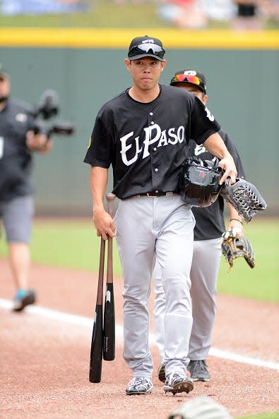 El Paso Chihuahas outfielder Shogo Akiyama gets ready for the start of minor league game featuring the El Paso Chuahuas and the Round Rock Express on May 22, 2022 at the Dell Diamond in Round Rock, TX.