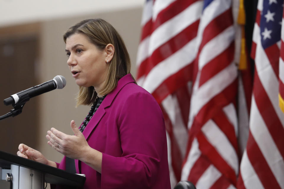 FILE - Rep. Elissa Slotkin, D-Mich., holds a constituent community conversation at Oakland University in Rochester, Mich., Dec. 16, 2019. Slotkin will seek an open U.S. Senate seat being vacated by Democrat Debbie Stabenow in 2024, becoming the first high-profile candidate to jump into the battleground state race. (AP Photo/Carlos Osorio, File)