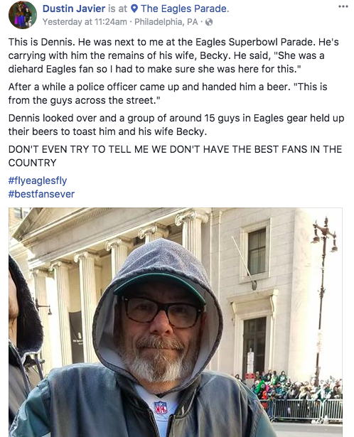 Eagles fans came together at the team’s Super Bowl victory parade. (Screengrab via Dustin Javier on Facebook)