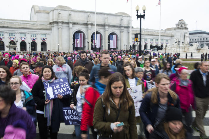 <p>Demonstrators leaving Union Station for the Women’s March on Washington, Jan. 21, 2017, in Washington, D.C. (Jessica Kourkounis/Getty Images) </p>