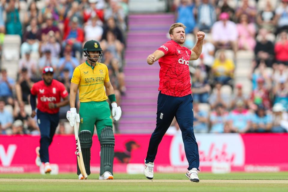 England’s David Willey celebrates taking the wicket of Quinton de Kock (Kieran Cleeves/PA) (PA Wire)