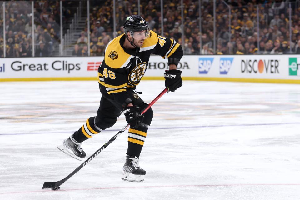 BOSTON, MASSACHUSETTS - APRIL 19: David Krejci #46 of the Boston Bruins takes a shot against the Florida Panthers during the third period of Game Two of the First Round of the 2023 Stanley Cup Playoffs at TD Garden on April 19, 2023 in Boston, Massachusetts. The Panthers defeat the Bruins 6-3.  (Photo by Maddie Meyer/Getty Images)