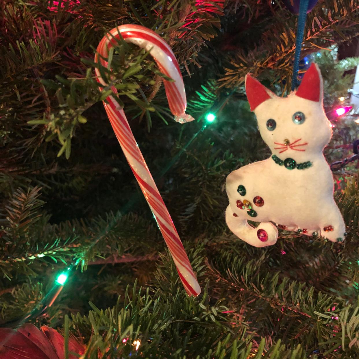 An old-school candy cane is eyed suspiciously by a cat ornament on a Christmas tree from an undisclosed location in Staunton, Virginia, Dec. 17, 2023.