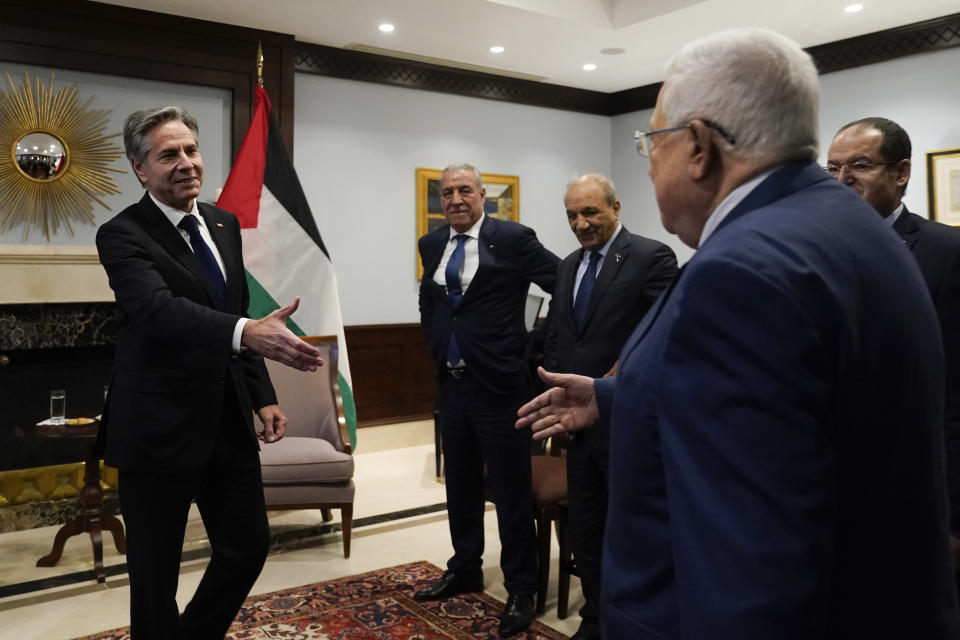 U.S. Secretary of State Antony Blinken meets with Palestinian President Mahmoud Abbas, in Amman, Jordan, Tuesday Oct. 17, 2023. (AP Photo/Jacquelyn Martin, Pool)