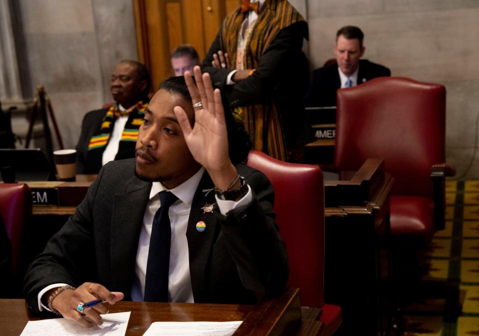 Rep. Justin Jones D- Nashville, raises his hand to ask a question during a House session at the state Capitol in Nashville, Tenn., Monday, Feb. 26, 2024.