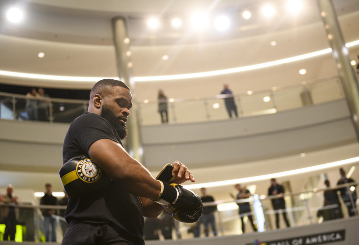 MINNEAPOLIS, MN - MAY 02: Tyron Woodley performs in front of a crowd during the UFC Fight Night Open Workouts event at the Mall of America on May 2, 2019 in Minneapolis, Minnesota. (Photo by Stephen Maturen/Zuffa LLC/Zuffa LLC)