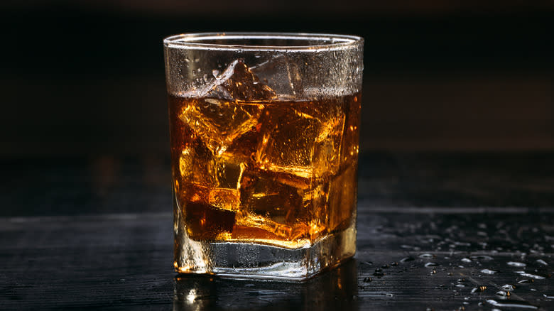 Closeup of a whiskey soda cocktail