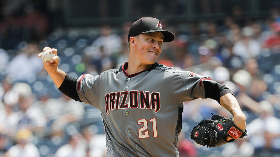 Arizona Diamondbacks' Zack Greinke delivers a pitch during the first inning of a baseball game against the New York Yankees Wednesday, July 31, 2019, in New York. (AP Photo/Frank Franklin II)