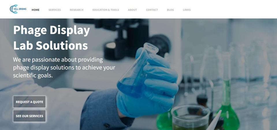 A view of the homepage of the Cell Origins website. The company formed in 2019 by three University of Missouri graduates is focused on using a research tool known as phage display to discover new drugs, mostly for cancer treatment. It operates from the Life Science Business Incubator at the Missouri Innovation Center on the MU campus. 