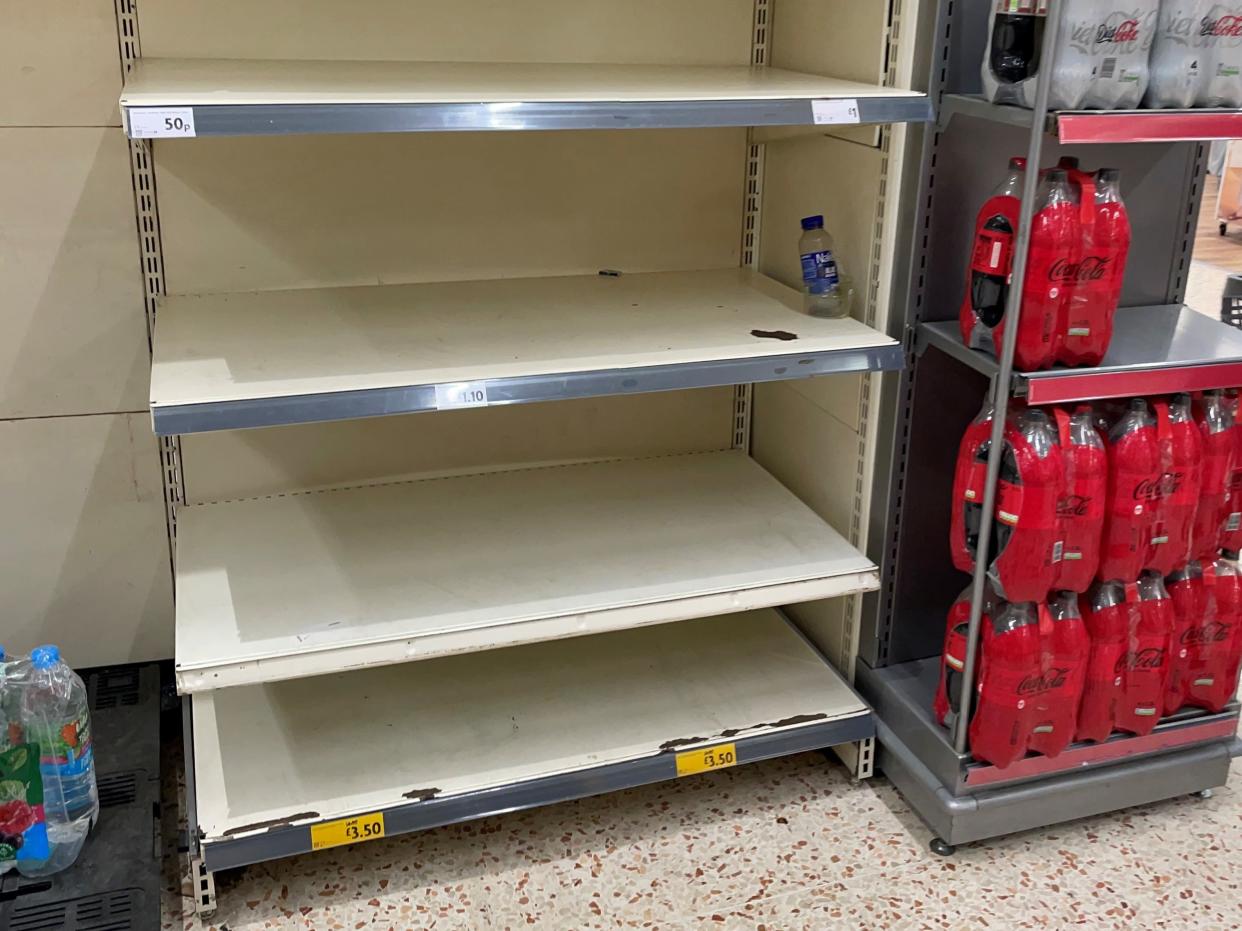 Empty shelves at Morrisons in BelleVale, Liverpool. Deliveries to supermarkets and other businesses across the UK are facing a growing shortage of drivers with many self-isolating (PA)