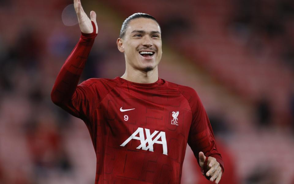 Darwin Nunez of Liverpool warms up before the UEFA Europa League match between Liverpool FC and R. Union Saint-Gilloise at Anfield on October 5, 2023 in Liverpool, England.