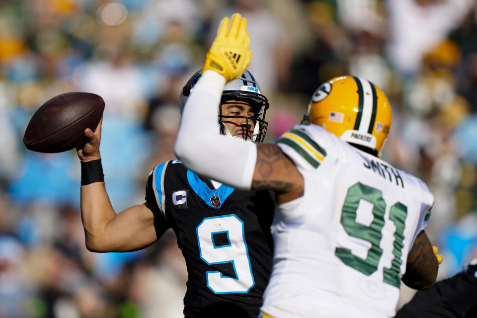 Carolina Panthers quarterback Bryce Young passes against the Green Bay Packers during the first half of an NFL football game Sunday, Dec. 24, 2023, in Charlotte, N.C. (AP Photo/Jacob Kupferman)
