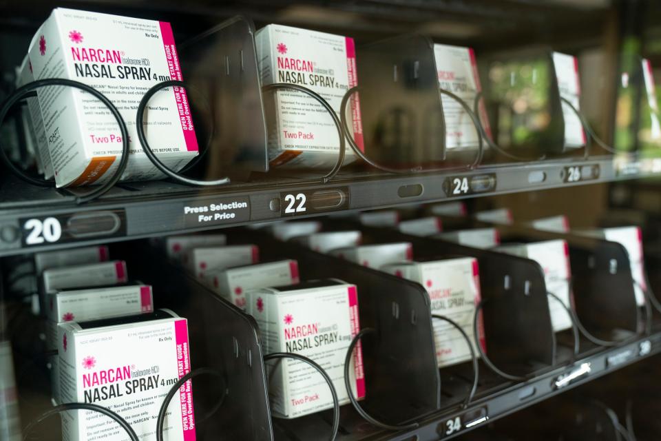 A vending machine in the David Adamany Undergraduate Library on the Wayne State campus in Detroit carries free Narcan nasal spray on May 31, 2022.